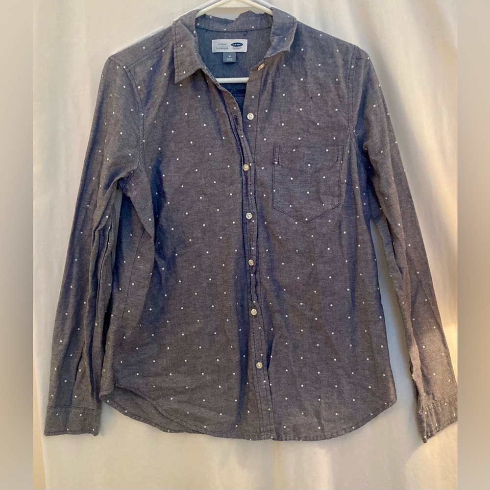 Old Navy Gray w/White Polka Dot Button Front Blouse Size M